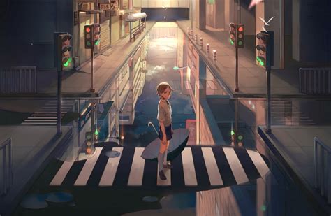 Original Characters Standing Umbrella Anime Anime Girls City
