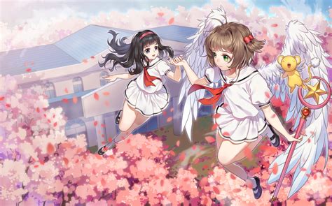 Anime Girls Miniskirt Flying Wings Kinomoto Sakura Dark Kerberos