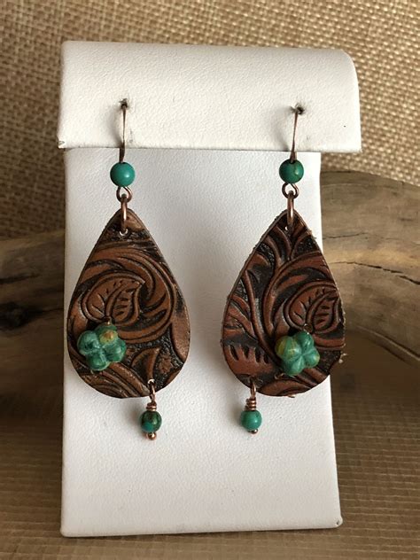 Tooled Leather And Genuine Turquoise Earrings Southwestern Etsy