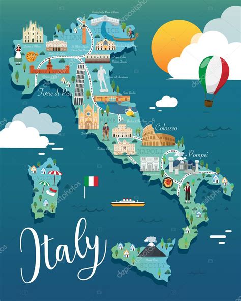 Italy Map With Attractive Landmarks Illustrationvector — Stock Vector