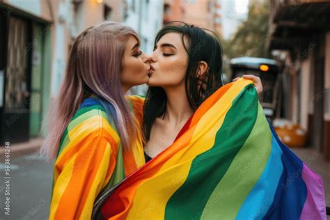 gay women lesbian couple kissing covered with lgbt rainbow flag lgbt pride month celebration