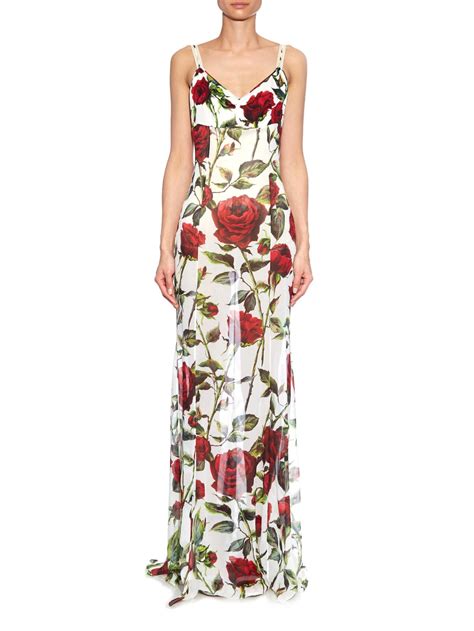 Dolce And Gabbana Rose Print Silk Blend Dress In White Lyst