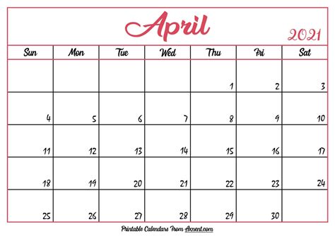 Printable April 2021 Calendar Template Print Now