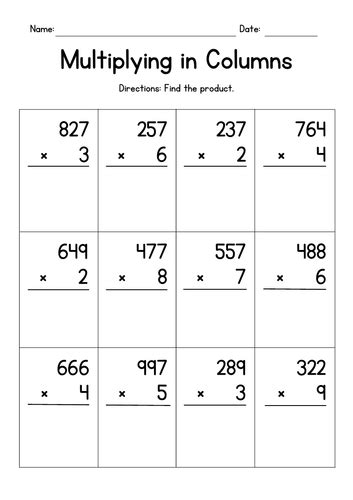 Multiplying 1-digit by 3-digit numbers in columns