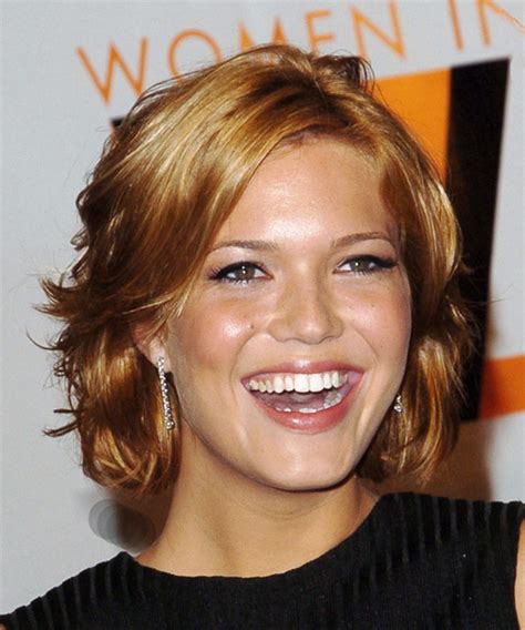 Mandy Moore Medium Wavy Red Hairstyle With Side Swept Bangs And Light