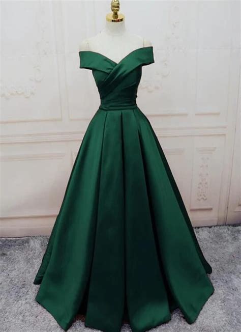 Charming Dark Green Satin Off Shoulder Long Formal Gown New Prom Dress