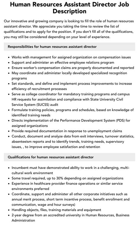 Human Resources Assistant Director Job Description Velvet Jobs