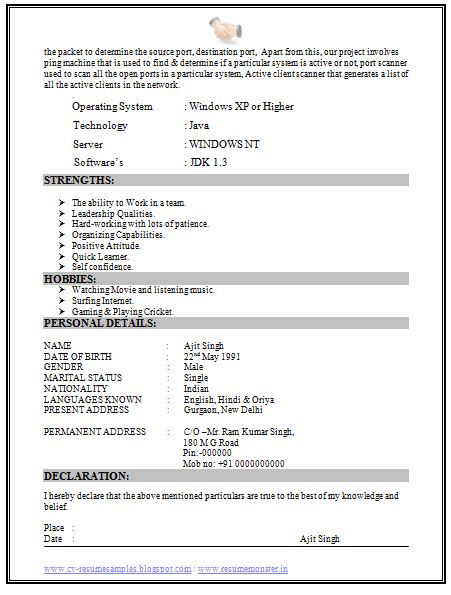 A declaration in resumes is a sentence or a paragraph in your resume that states your resume's truth and validity. B Tech IT Resume Sample Free (2) | Resume examples, Resume ...