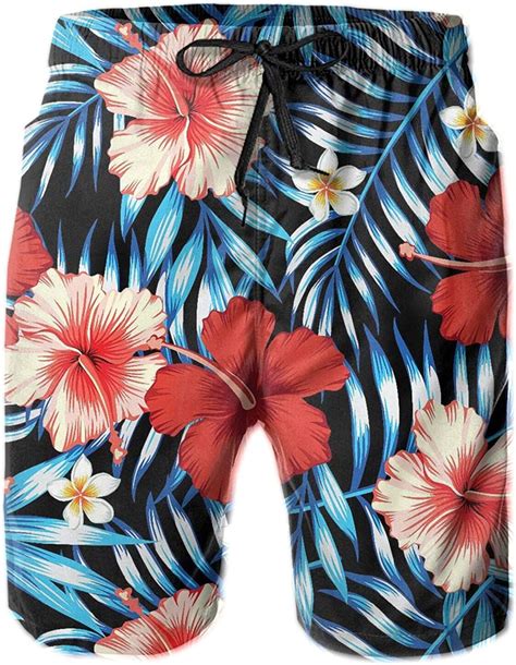 Mens Beach Shorts Hawaii Red Flowers Palm Leaves Swim Trunks Quick Dry