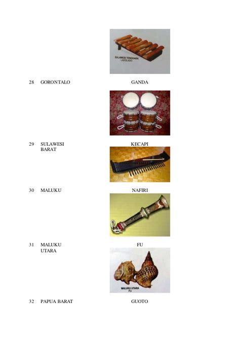 Salah satunya adalah jenis alat musik daerah atau tradisional yang tersebar di segenap daerah tiap tiap provinsi. Alat musik dan asal daerah