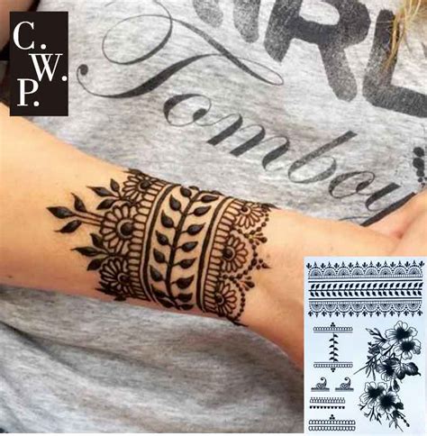 1 Piece Black Henna Cuff Tattoo With Flower Wrist ⋆ Cozexs