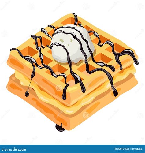 Vector Belgian Waffles With Chocolate Syrup And Ice Cream Stock Vector