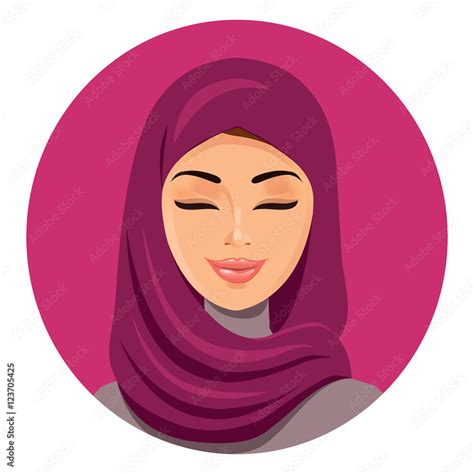 Beautiful Muslim Arab Woman In Hijab Closing Her Eyes Vector Flat Icon