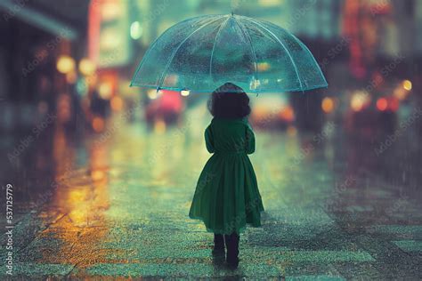Girl With Umbrella Under Rain Night City Lights Ai Generated Art