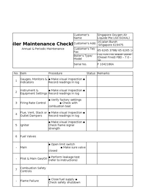 Maintenance Checklist Boiler Water Heating