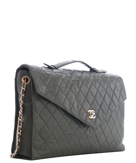 Chanel Vintage Green Quilted Leather Briefcase Shoulder Bag Chanel