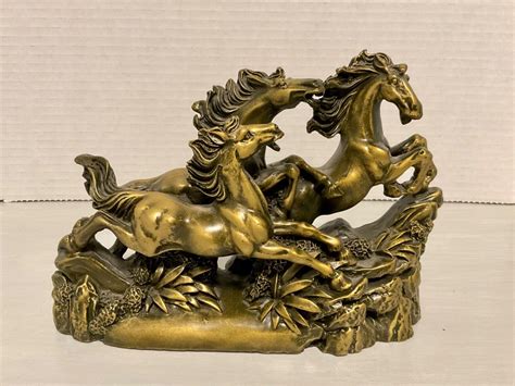 Three Running Horses Sculpture Poly Resin Gold Tone Horses Feng Shui