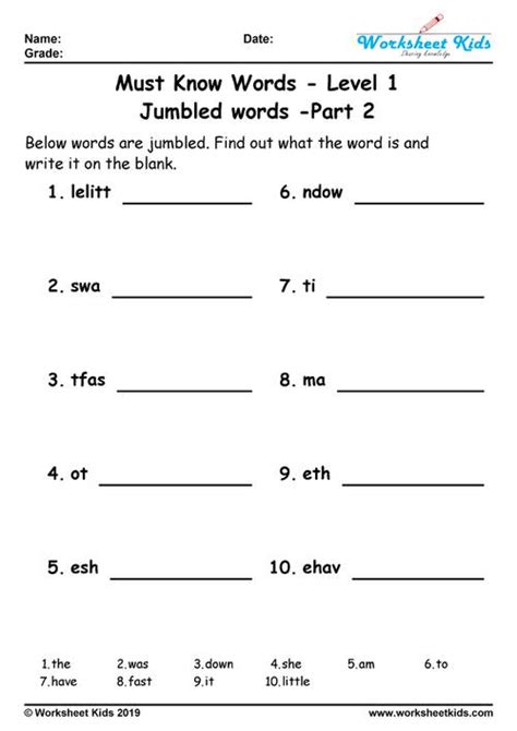Home > grade 1 worksheets > grade 1 english worksheets > vocabulary. 100 Jumbled Words for Grade 1 Worksheets - Free Printable PDF