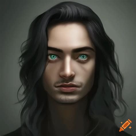 portrait of a man with long wavy hair and green eyes on craiyon