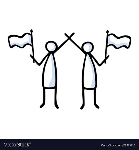 Two Stick Figure People Waving Flag Hand Drawn Vector Image