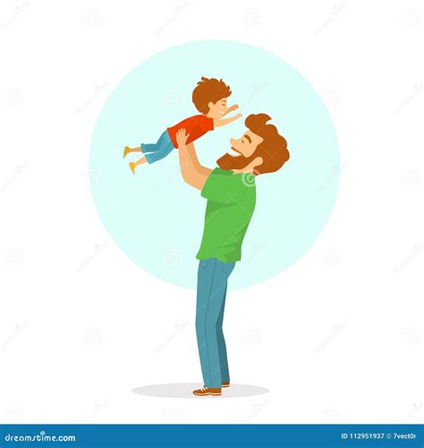 Happy Cheerful Father And Son Playing Dad Lifting Up His Bol In The