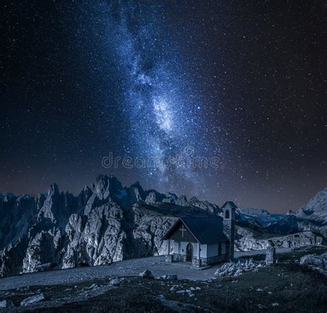 Milky Wa Over Small Chapel In Dolomites Italy Stock Image Image Of