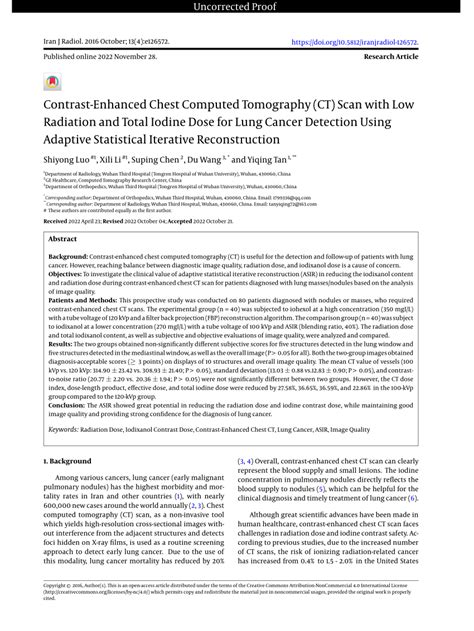 Pdf Contrast Enhanced Chest Computed Tomography Ct Scan With Low Radiation And Total Iodine