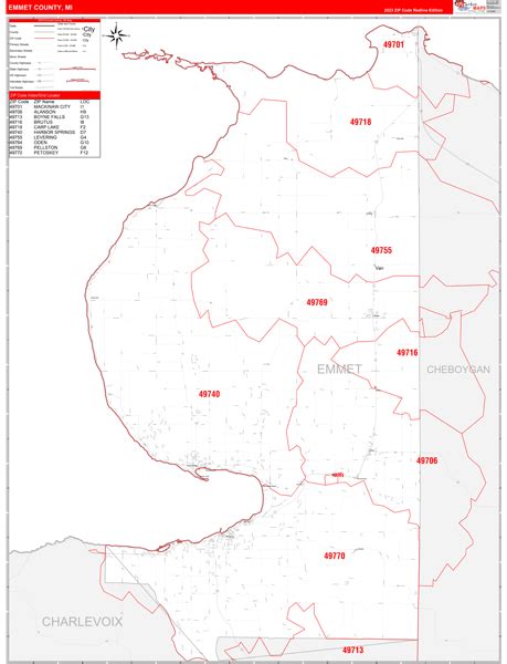 Emmet County Mi Zip Code Wall Map Red Line Style By Marketmaps