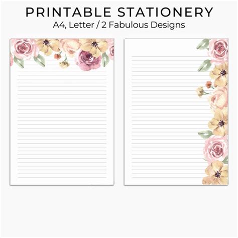 Printable Floral Writing Paper Printable Stationery Lined Etsy