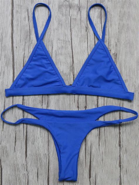 17 Off 2021 Unlined Plunge String Bikini Set In Blue Dresslily