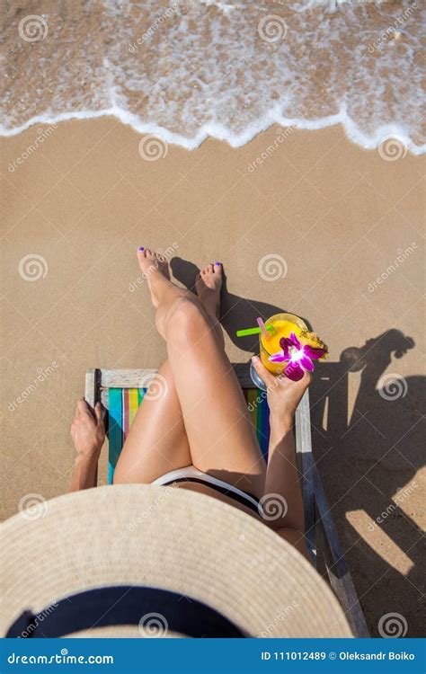 Woman At Beautiful Beach Sitting On Chaise Lounge Stock Image Image
