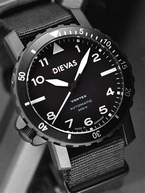 Dievas Vortex Tactical Dive Watch With Black Pvd Case Offset Crown At