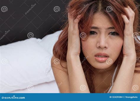 Woman Suffers From Headache Migraine Emotional Stress Insomnia Or Sleeplessness With Messy