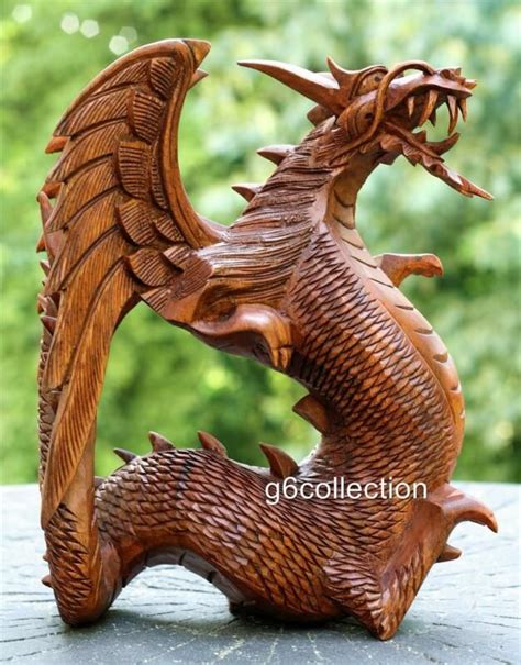 85 Hand Carved Wooden Dragon Statue Sculpture Figurine Wood Art Home