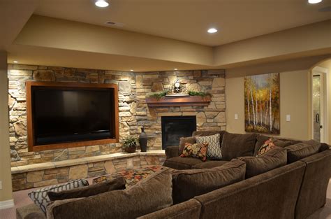 Fantastic Cool Basement Ideas For Media Room With Exposed Stone Wall