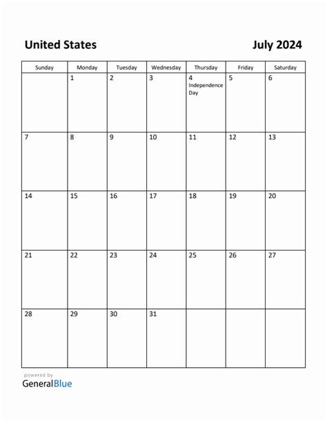 Free Printable July 2024 Calendar For United States