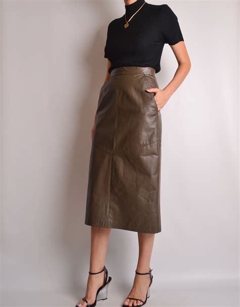 Vintage Leather Midi Skirt 25w High Waist Pencil Skirt Minimalist