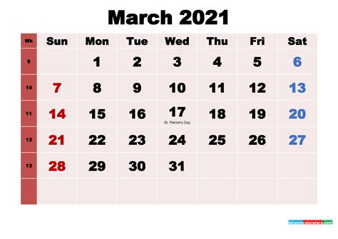 March 2021 Printable Calendar With Holidays