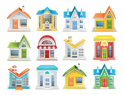 Icon Set Of Houses And Buildings Of Different Types Vector Illustration