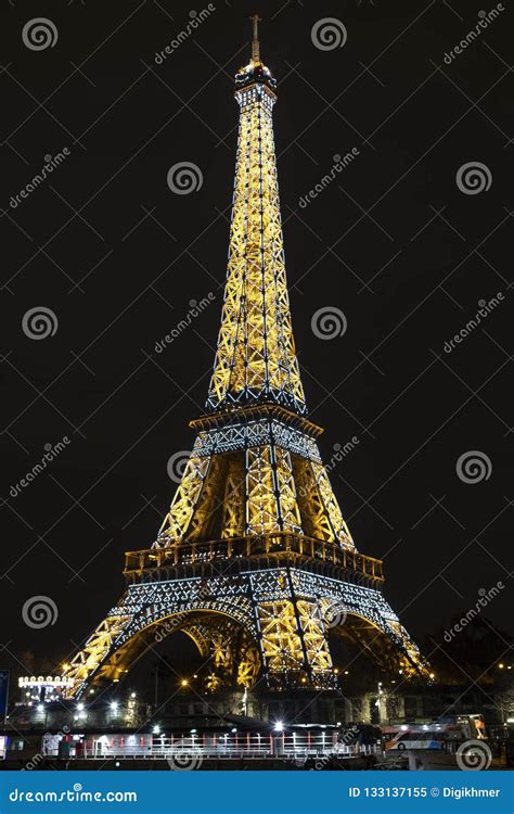 Illuminated Eiffel Tower With Black And White Paris Editorial Photo
