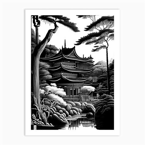 Ginkaku Ji Temple 1 Japan Linocut Black And White Vintage Art Print By