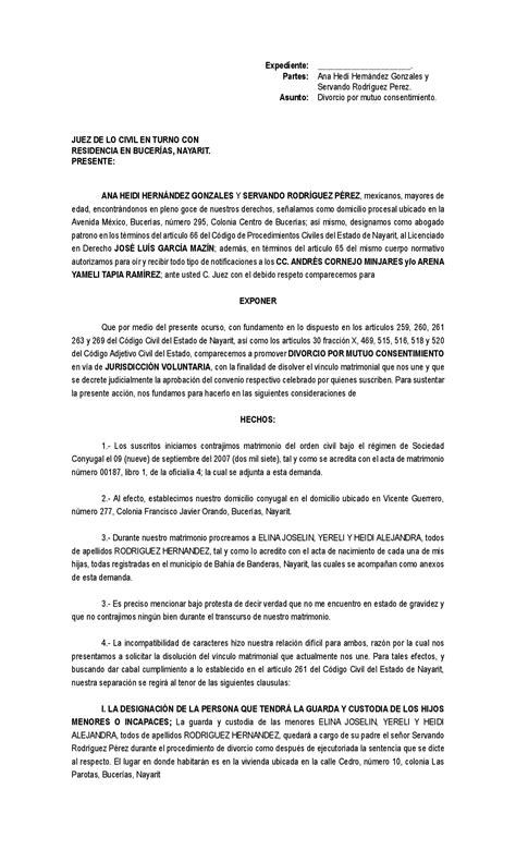 Demanda De Divorcio Por Mutuo Consentimiento Diana Y Jose Alfredo By