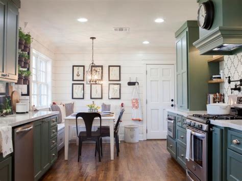 This link is to an external site that may or may not meet accessibility guidelines. White Shiplap and Sage Green Cabinetry in Country Kitchen With Bench Seating Breakfast Nook | HGTV