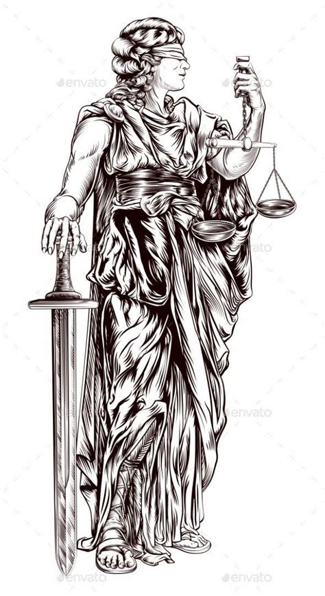 An Original Illustration Of Lady Justice Holding Scales And Sword And Wearing A Blindfold In A