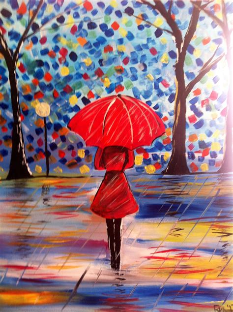 16 X 20 Autumn Stroll Art Painting Abstract Art Painting Umbrella Art