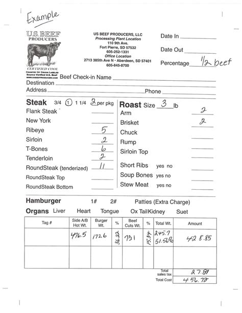 Beef Cut Sheet Template