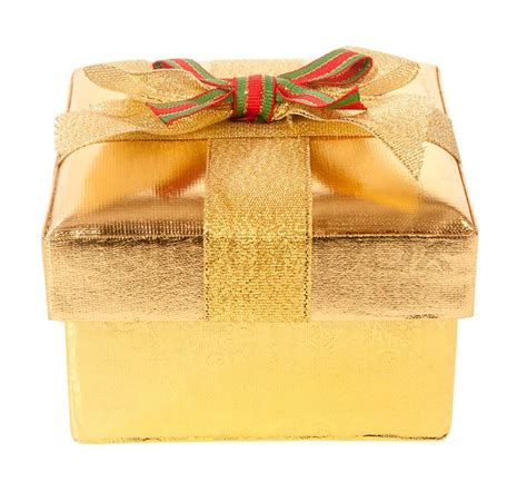 Closed Gold T Box With Bow And Ribbon On A White