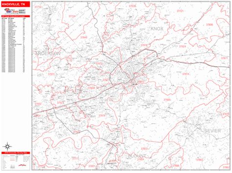 Knoxville Tennessee Zip Code Wall Map Red Line Style By Marketmaps