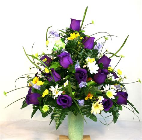 Spring Cemetery Vase Flower Arrangement Featuring Purple Roses And Wildflowers Flower Vase