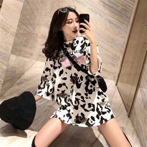 19s Cool Sex Lady Leopard Print Harajuku Shirt Summer Women Hashion Long Tee Oversize